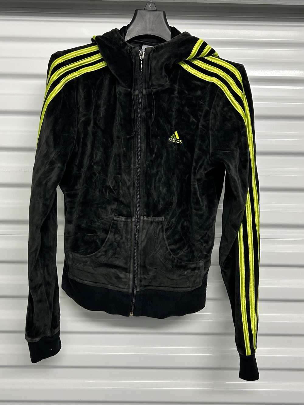adidas Black Velour Hoodie with Neon Yellow Stripes